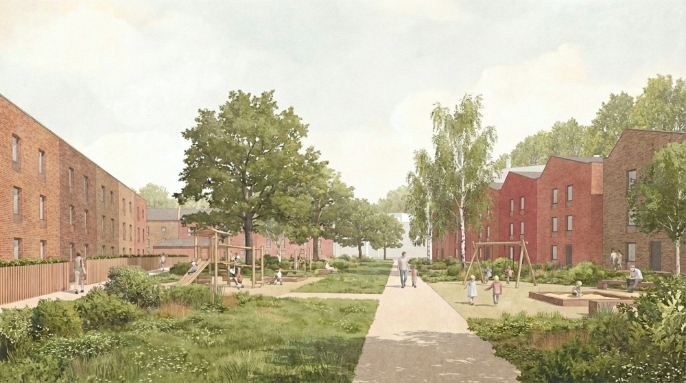 This image: illustrative image showing how the new homes within Plot 1 could look, surrounding a large 
						community garden space, with planting and play areas. The map has zoomed into Plot 1 and shows an illustrative 
						3D block plan over a detailed masterplan drawing. Arrows indicate proposed vehicular, pedestrian and cycle 
						access, and interactive popups provide further detail of the scheme.
